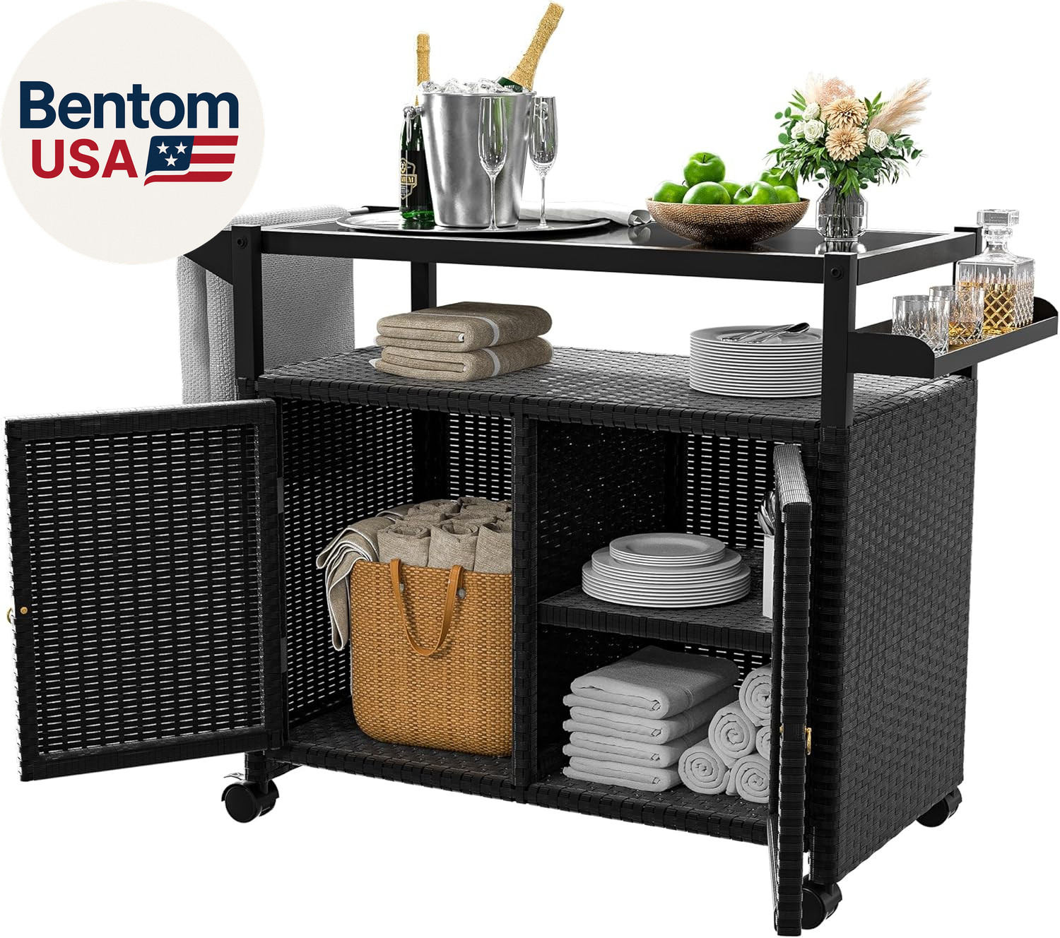 Outdoor Bar Table, Wicker Bar Cart with Cabinet, Patio Serving Cart with Tempere gallery