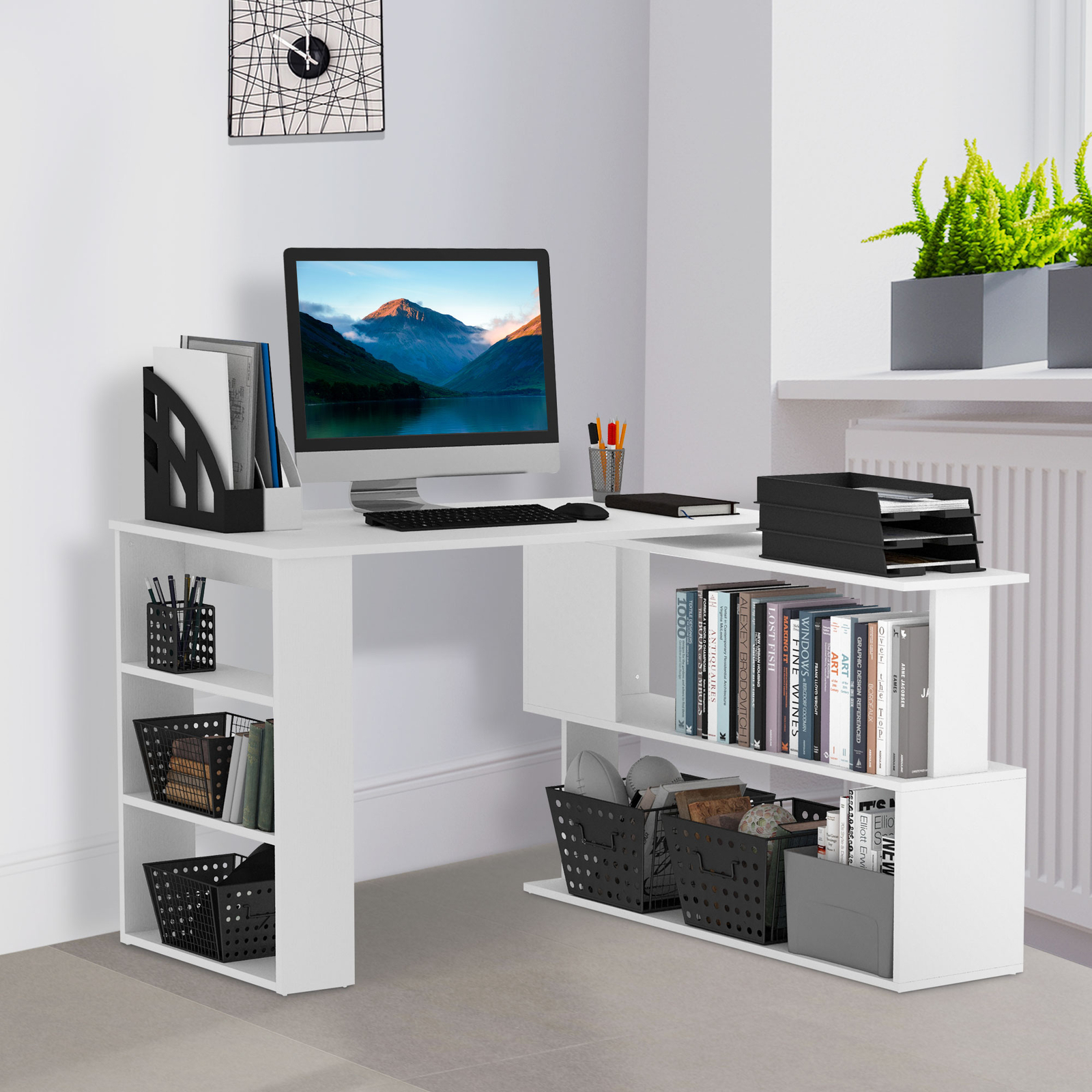 360° Rotating Home Office Corner Desk and Storage Shelf Combo L-Shaped Table gallery