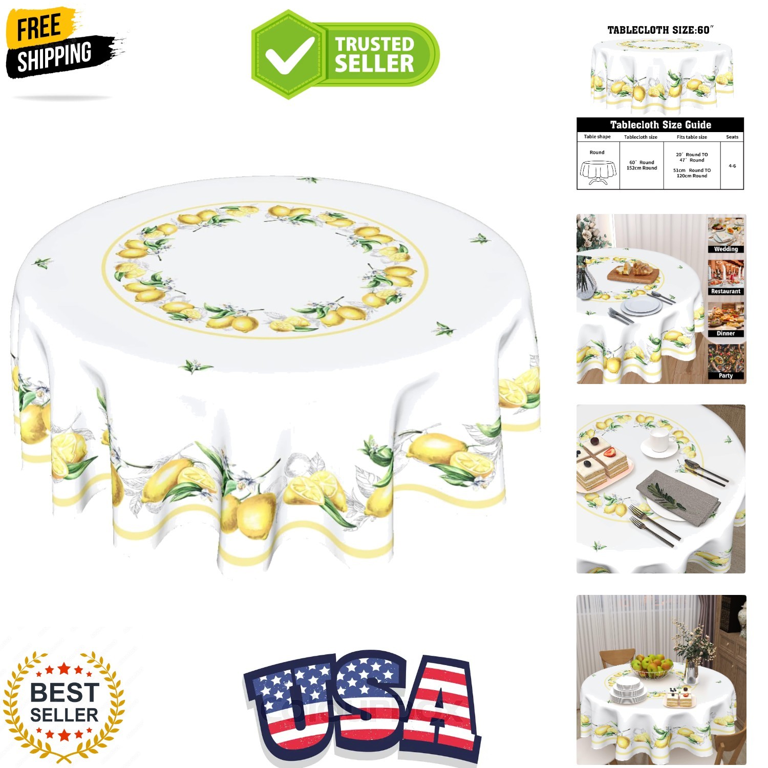Summer Lemon Round Tablecloth 60 Inch Watercolor Lemon Yellow White Table Clo... gallery