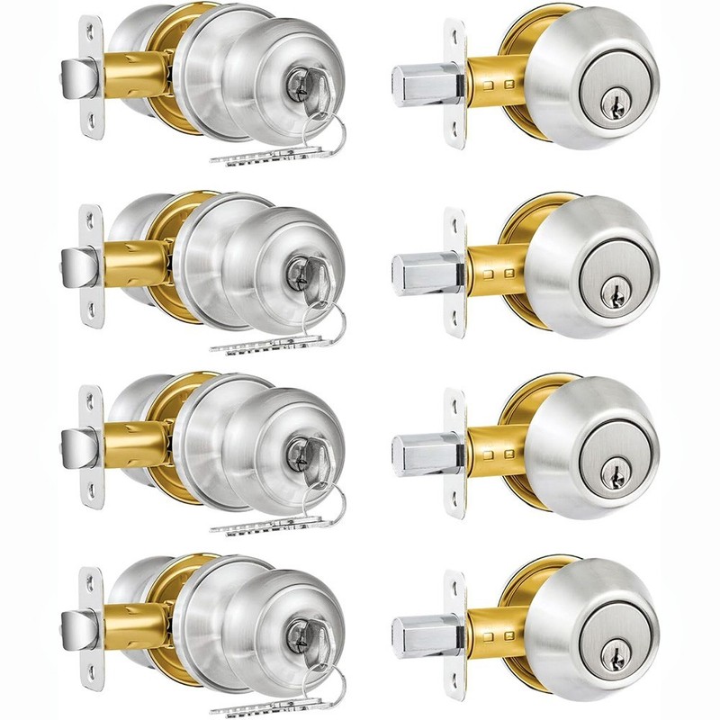 4 PACK KEYED ALIKE DOOR KNOBS LOCK DEADBOLT HEAVY DUTY EXTERIOR ROUND HANDLE SET gallery