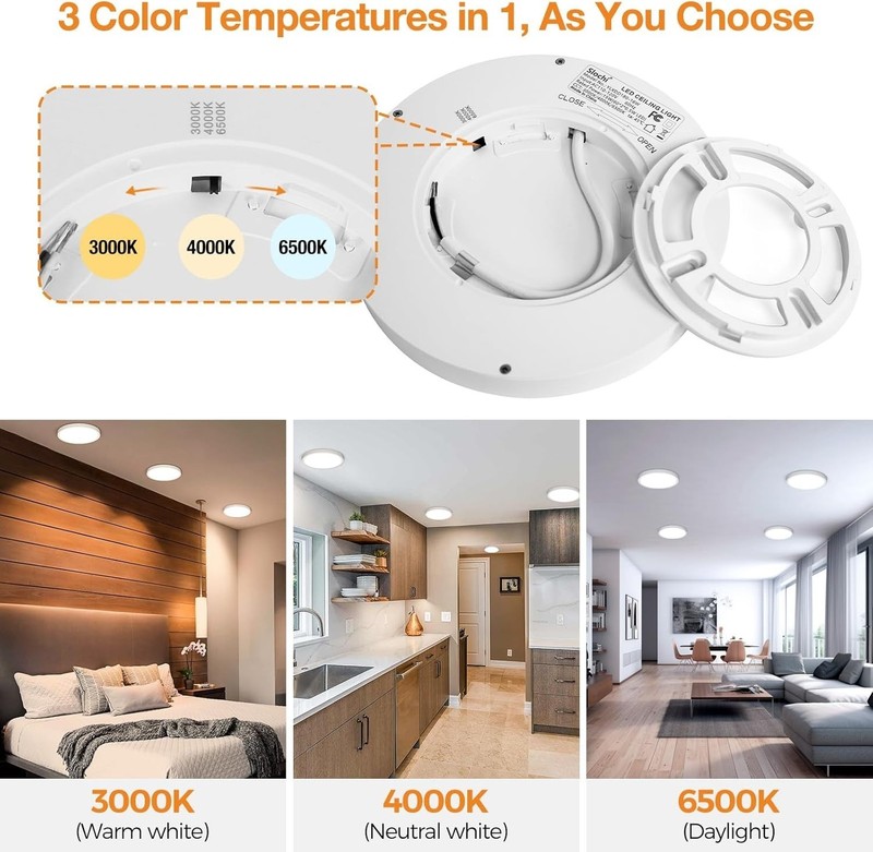 8PACK LED Flush Mount Ceiling Light Fixture, 3000K-4000K-6500K & 100W Equivalent gallery
