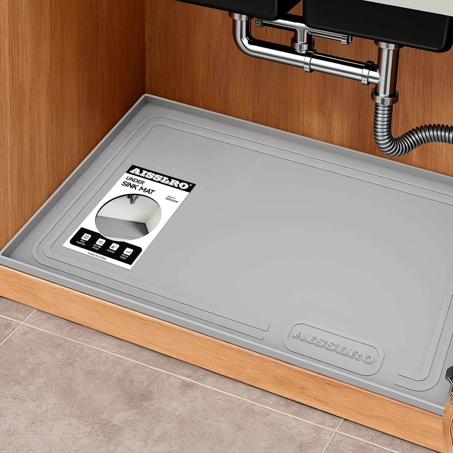 Under Sink Mat 22x19 Inch Waterproof Silicone Cabinet Protector, Raised Edge Lea gallery