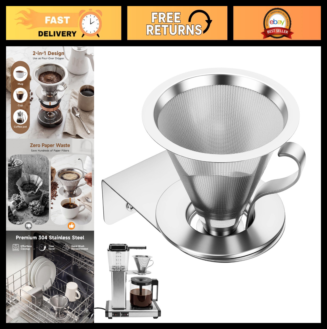 Reusable #4 Coffee Filter for Technivorm Moccamaster, Stainless Steel Funnel Hol gallery