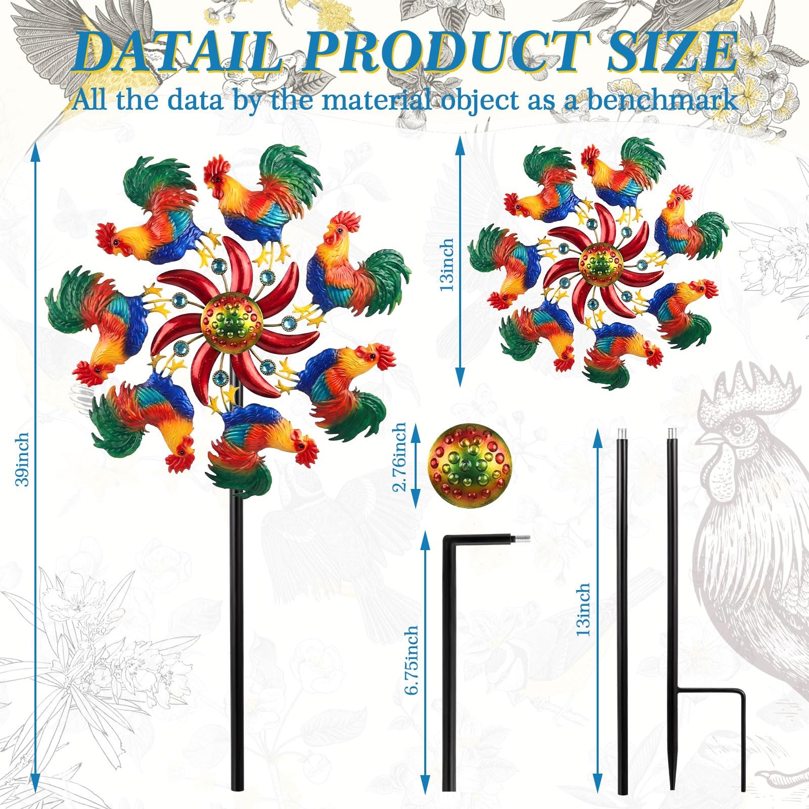 39" H 13" W Rooster Wind Spinner Garden Chicken Stake Metal Yard Stake Spinne... gallery