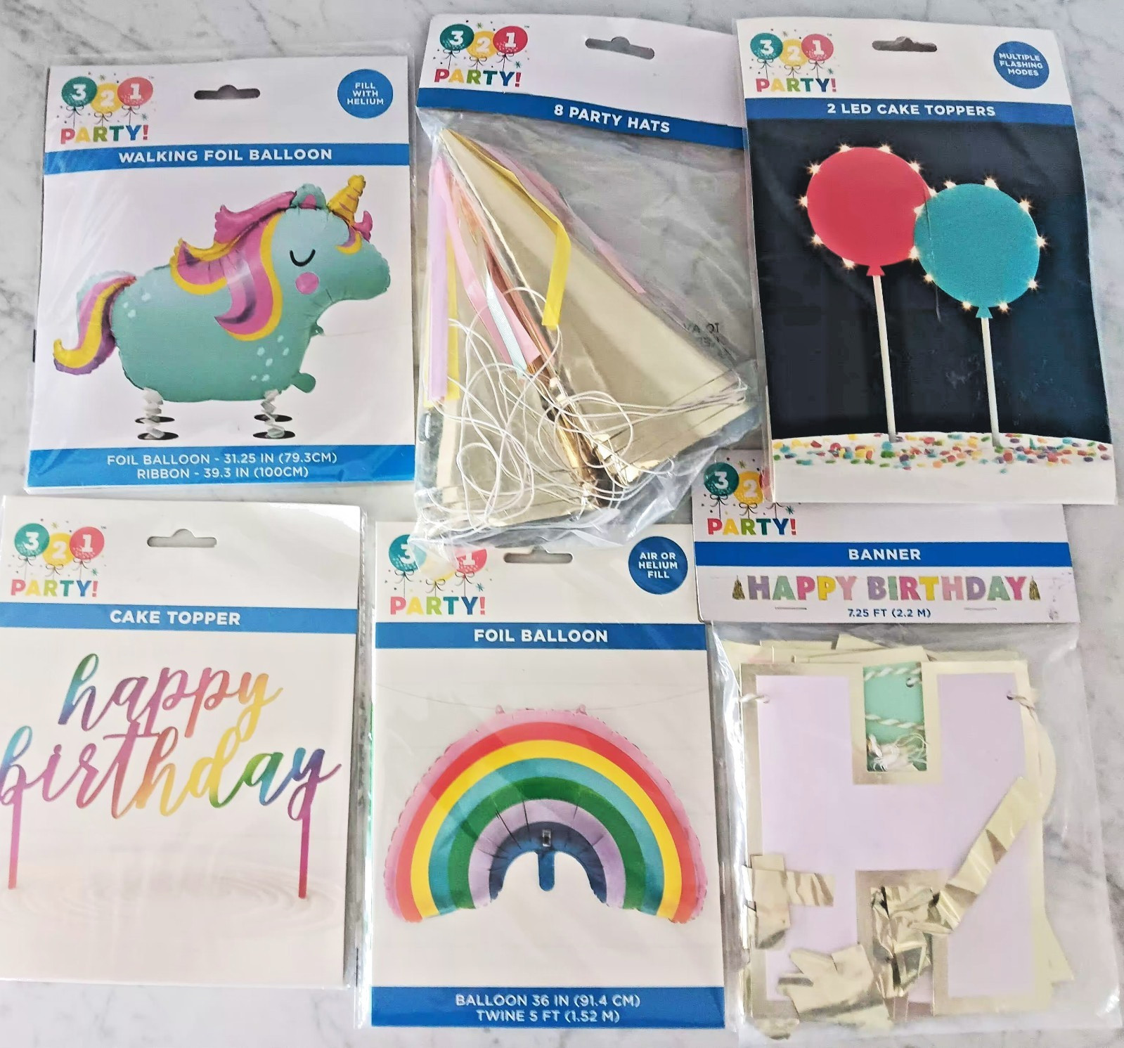 321 Party! Birthday Balloons LED CAKE TOPPER, HATS, BANNER, lot of 6 NEW gallery