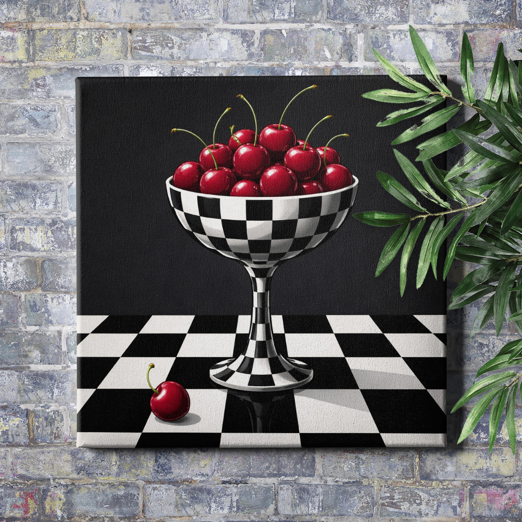 Black White Checkered Cherry Cup Unframed Canvas Print Square Wall Decor gallery