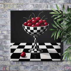 Black White Checkered Cherry Cup Unframed Canvas Print Square Wall Decor