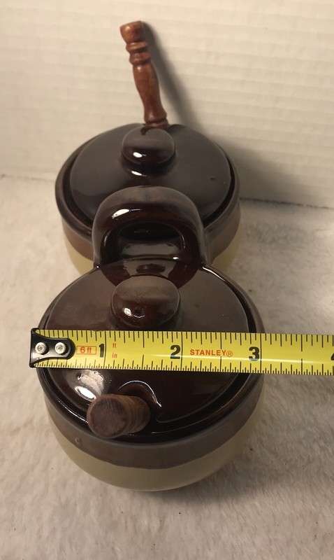 Vtg Double Bowl Stoneware Condiment Server With Lids And Spoons gallery