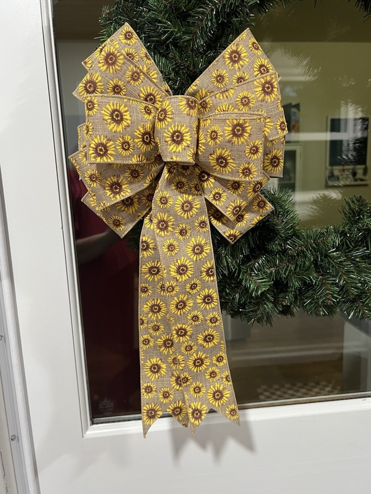 Handmade Large Spring Summer Fall Sunflower Bow 10 x 16 Tan Yellow Brown Flowers