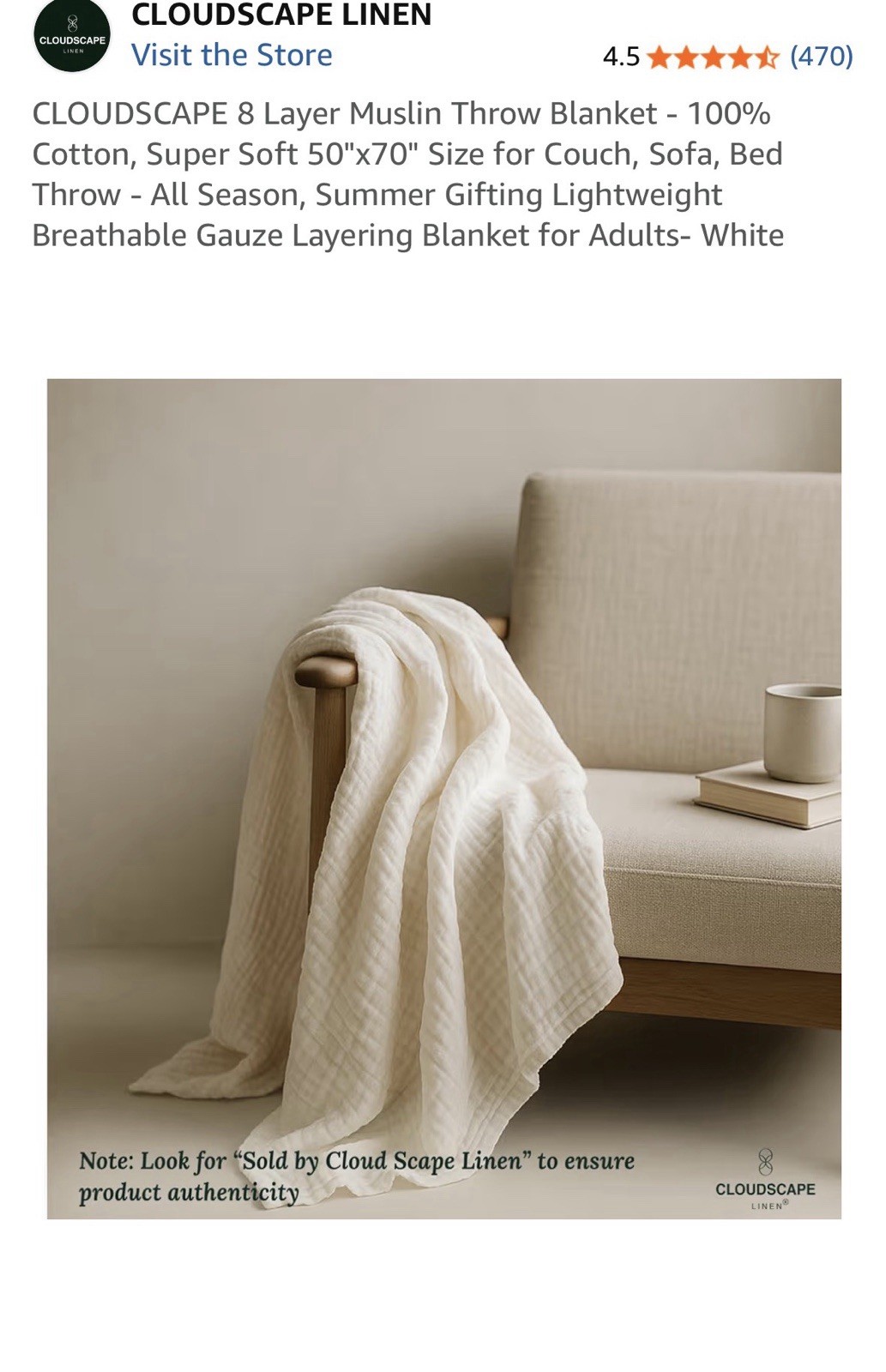 Cloudscape Linen 8 Layer Muslin Cotton Throw Blanket White 50x70 Lightweight gallery