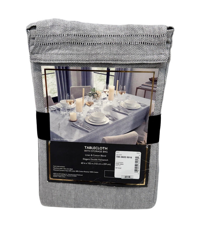Fieldcrest Luxury Herringbone Tablecloth Gray Linen Blend Hemstitch 60" x 102" gallery