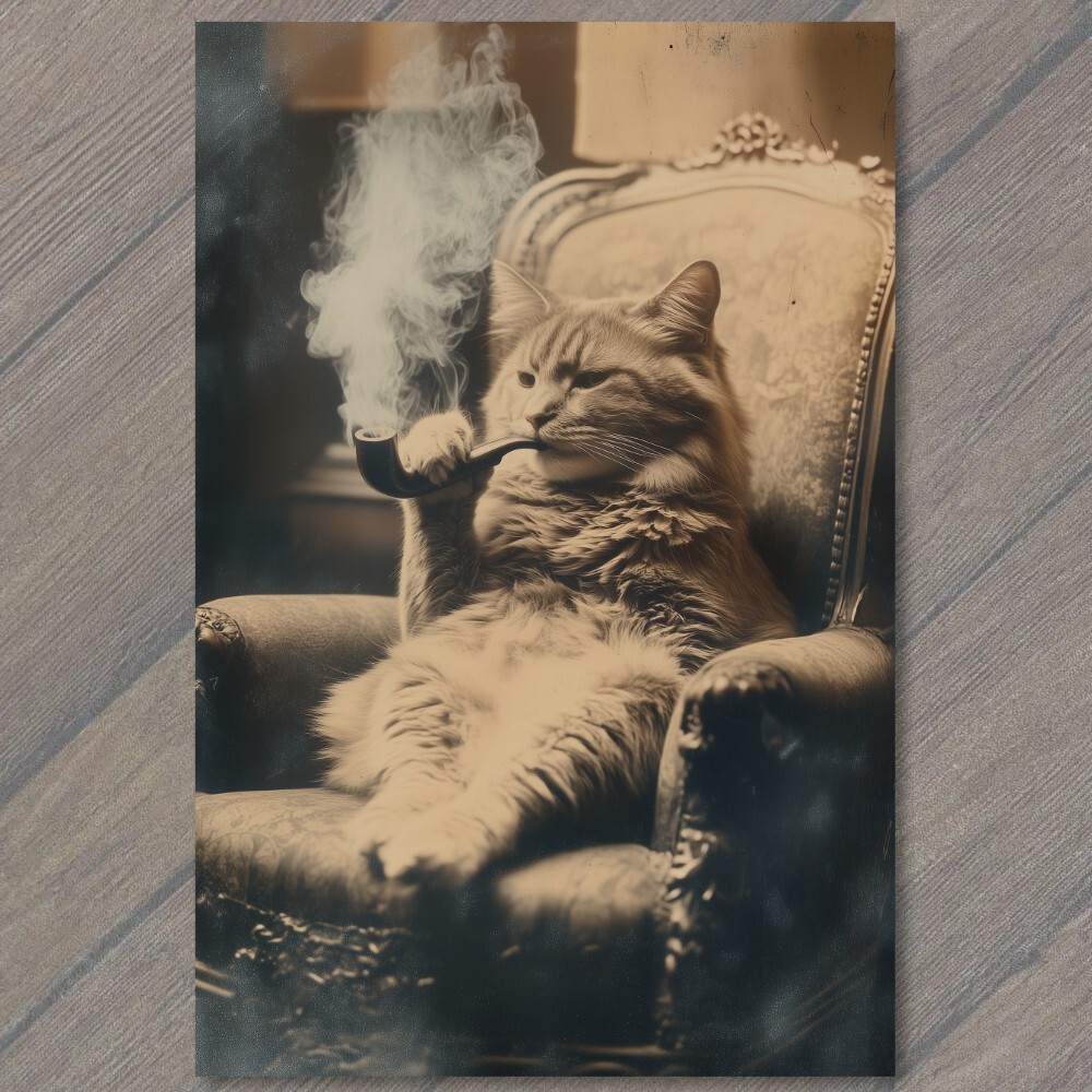 Art Print Anthropomorphic Cat Chair Smoking Pipe Retro Feline Funny Unusual Fun gallery