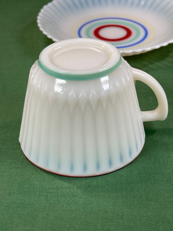 1 ~ MacBeth-Evans Petalware Cremax Primary Color Bands Cup & Saucer Set UV RARE gallery