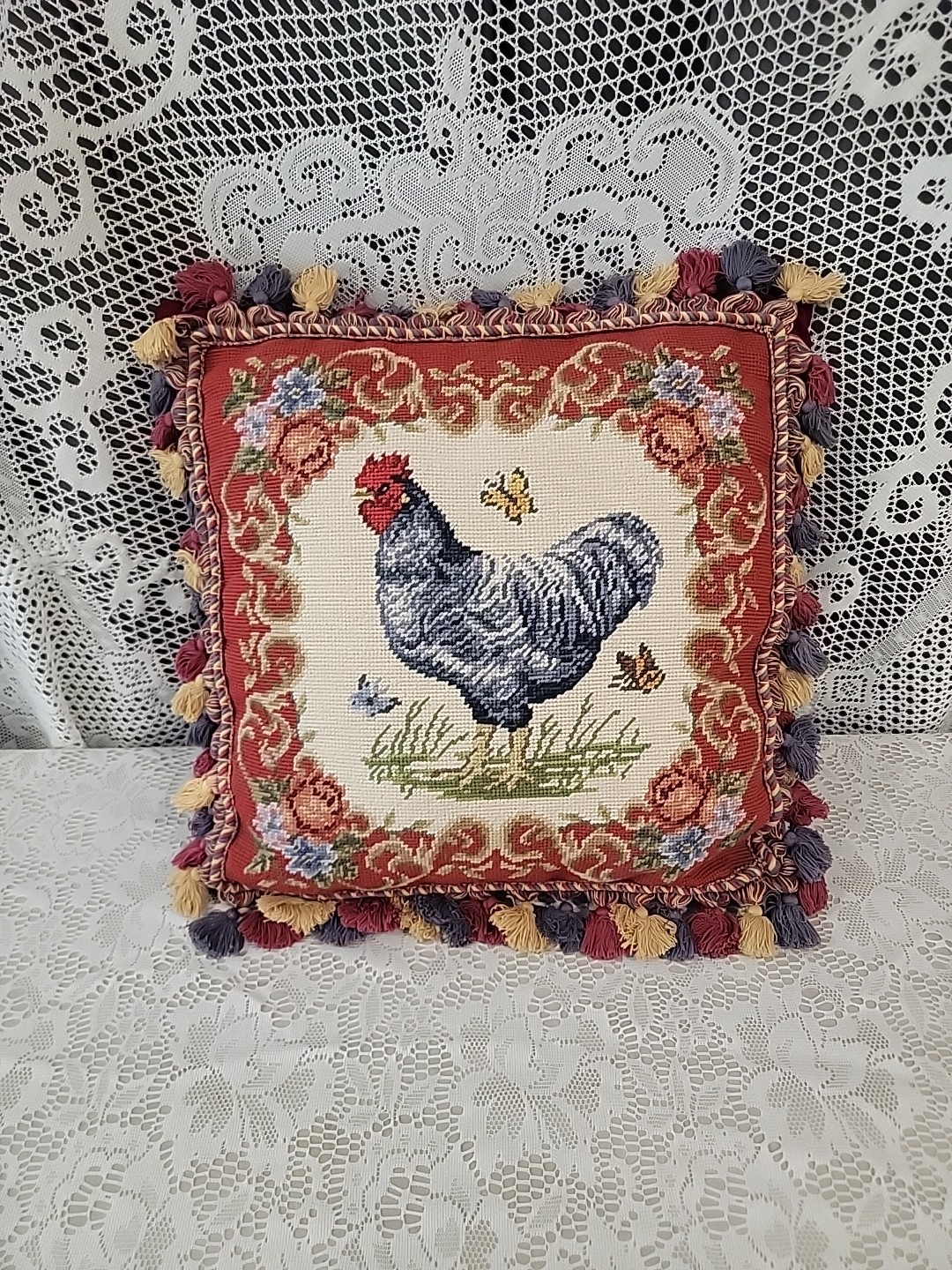 French Provencial Needlepoint Rooster & Butterflies 16 x 16 Pillow Wool Velt Tas gallery