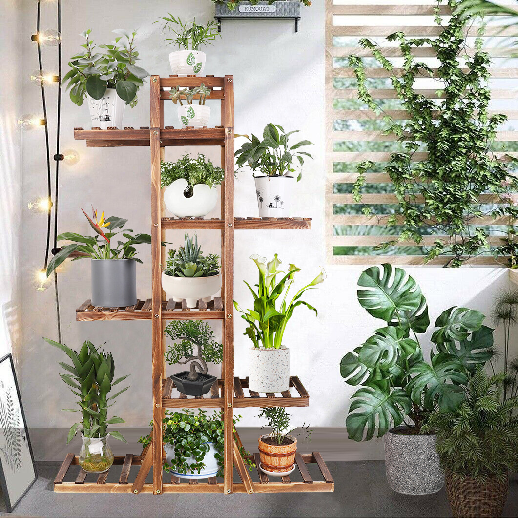 Stylish 52" Height Carbonized Wood Plant Stand Tiered Corner Flower Ladder Shelf gallery
