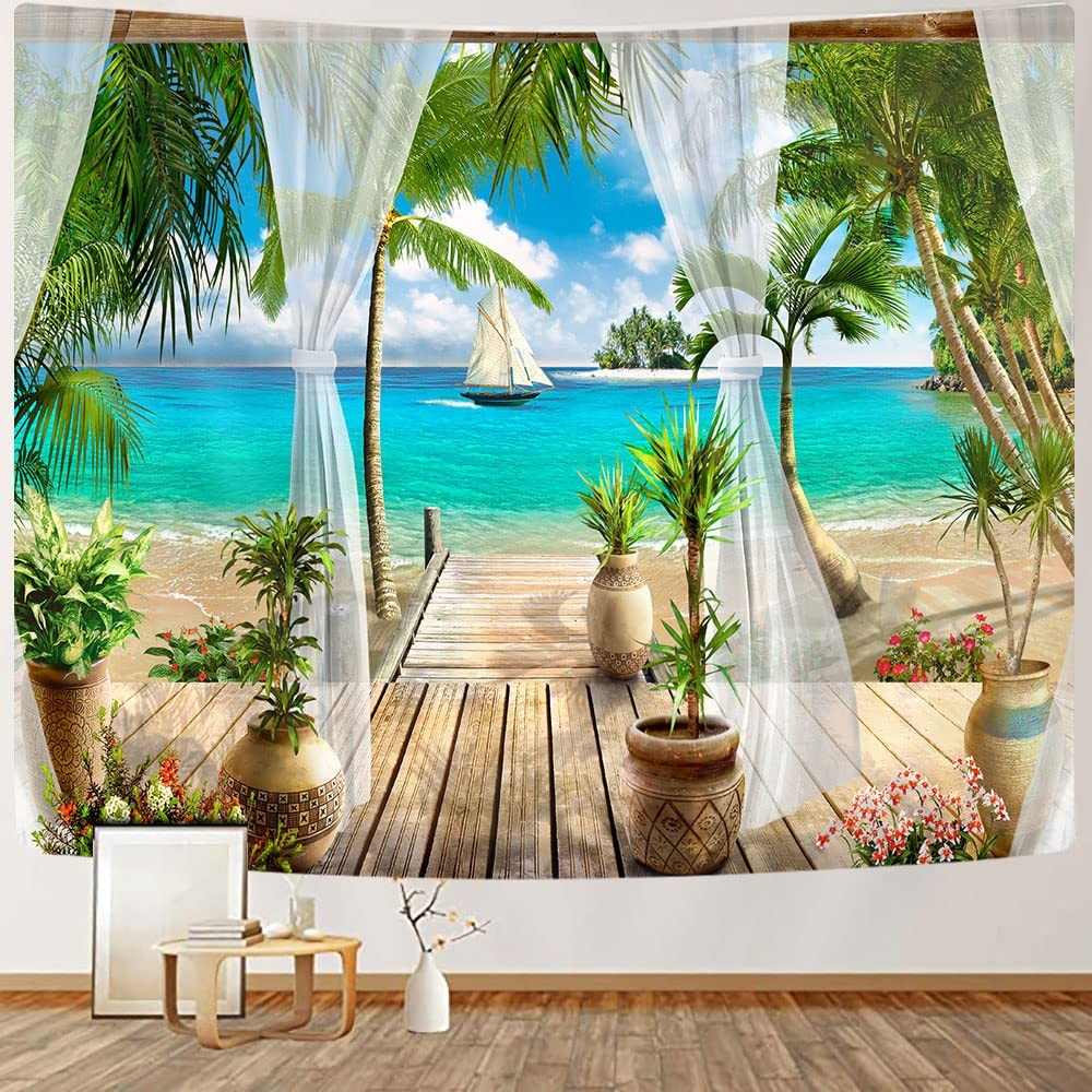 Ocean Beach Tapestry, Nature Coconut Palm Tree Garden 60"L x 40"W, gallery