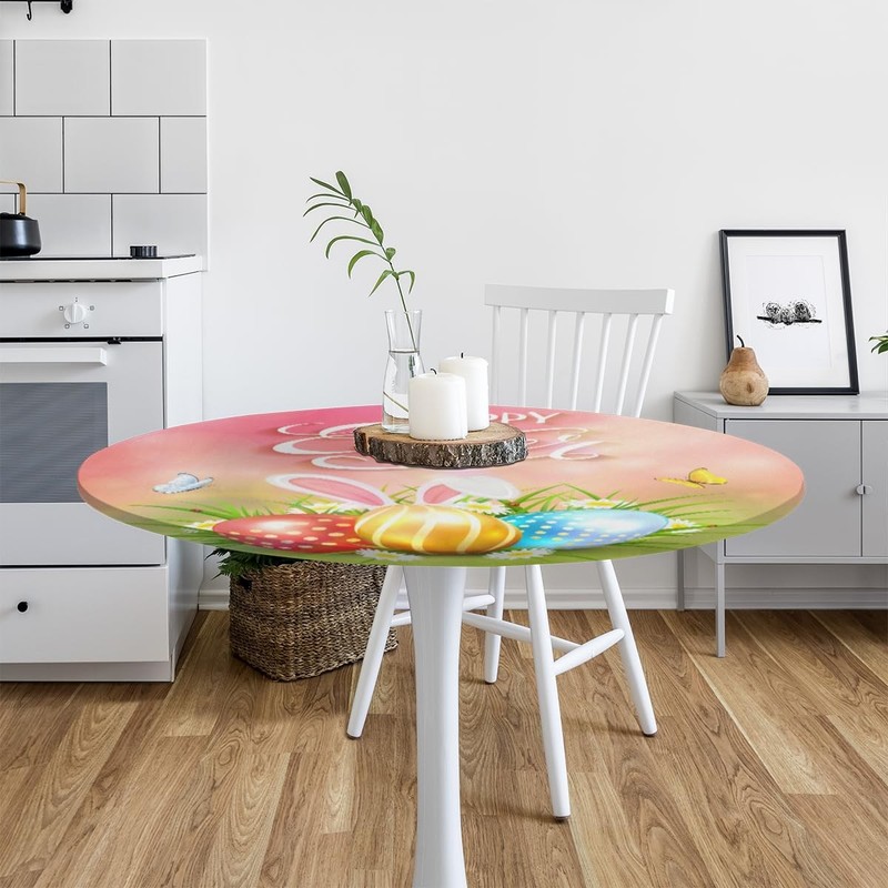 Easter Rabbit Cute Round Fitted Tablecloth Easter Egg Round Table Cover with ... gallery