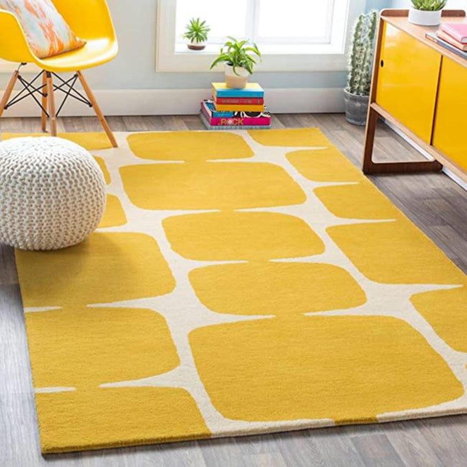 Retro Mustard Yellow Geometric Area Rug – Hand-Tufted Wool Modern Carpet gallery