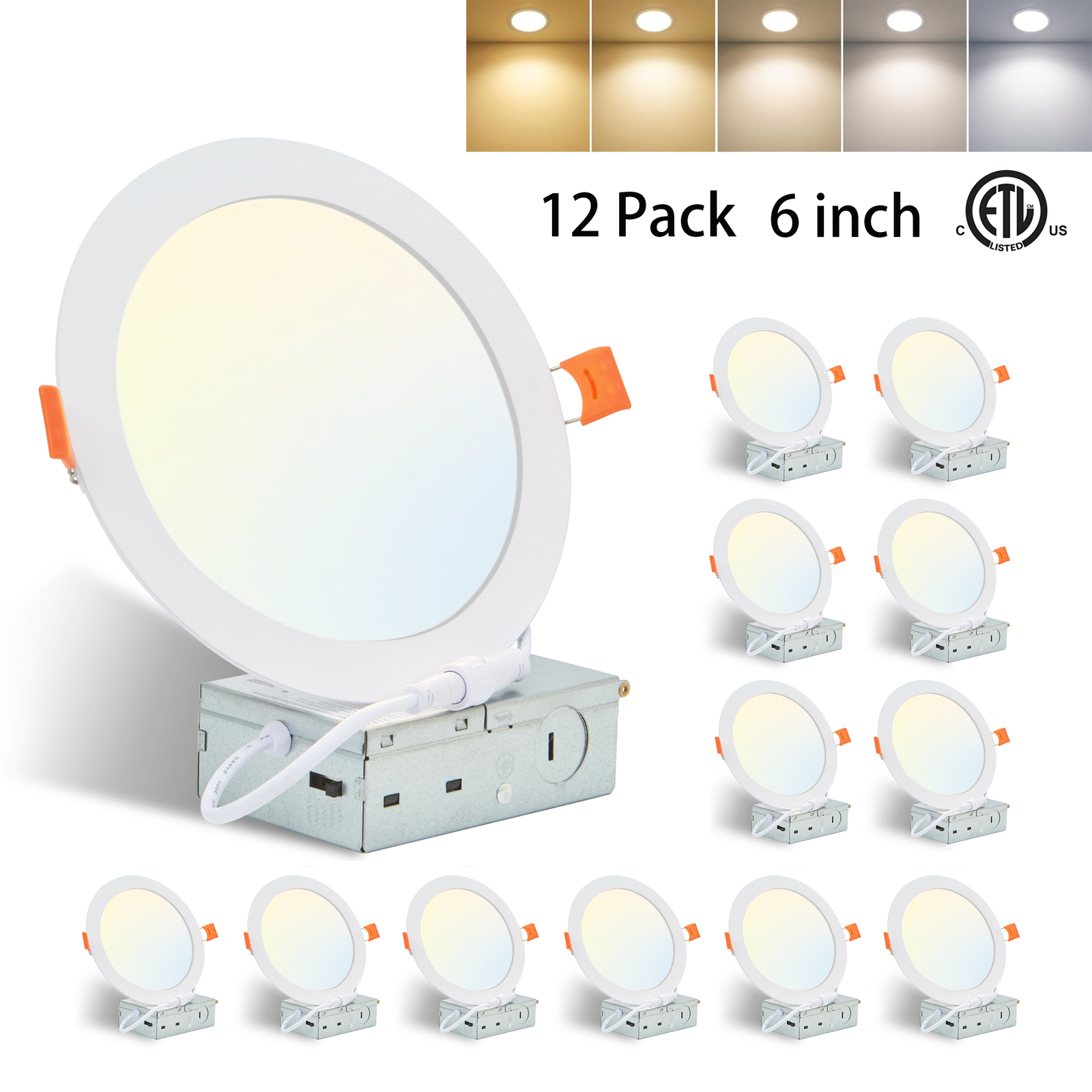 12 Pack 6 Inch 5CCT Recessed Dimmable LED Ceiling Panel Light with Junction Box gallery