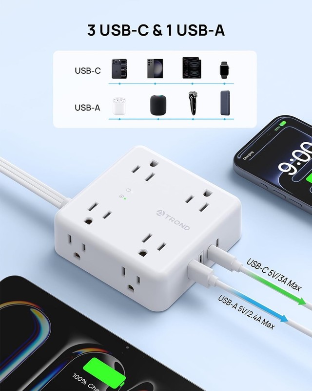 TROND 360° Rotating Flat Plug Power Strip, 5FT Extension Cord , White gallery