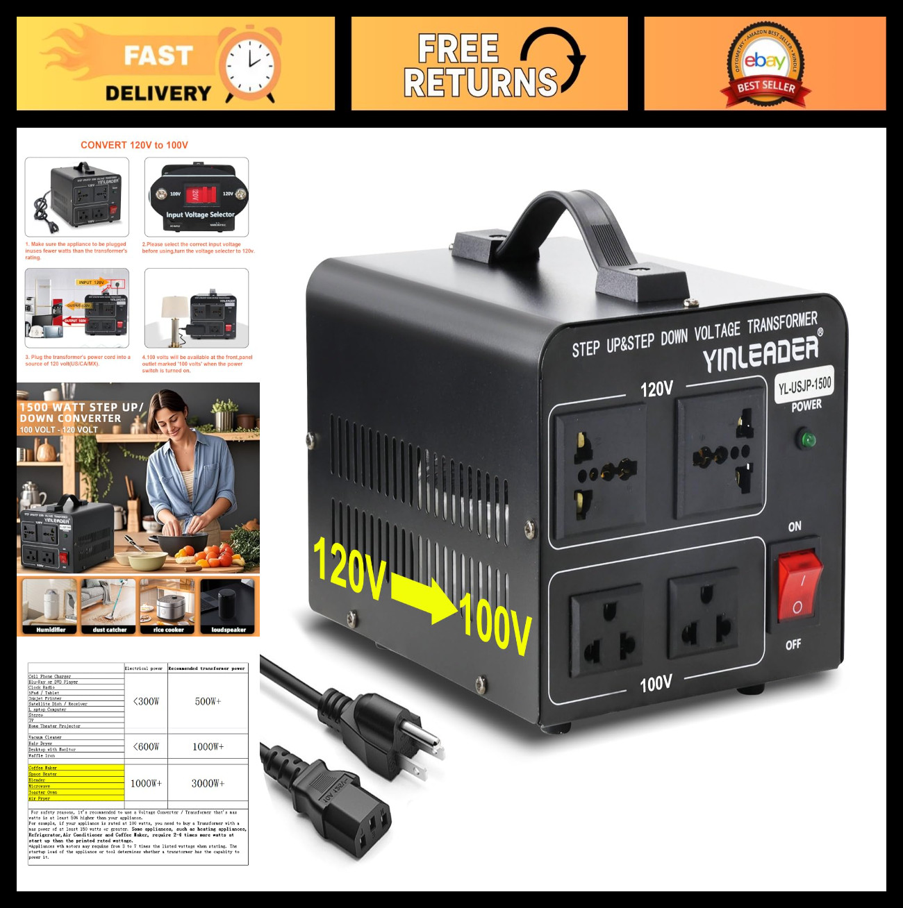 1500W Voltage Converter - Step Down 120V to 100V or Step Up 100V to 120V, US Cor gallery