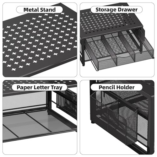 Metal Printer Stand for Desk with Storage Drawer and 2 Pen Holders, 2 Black gallery