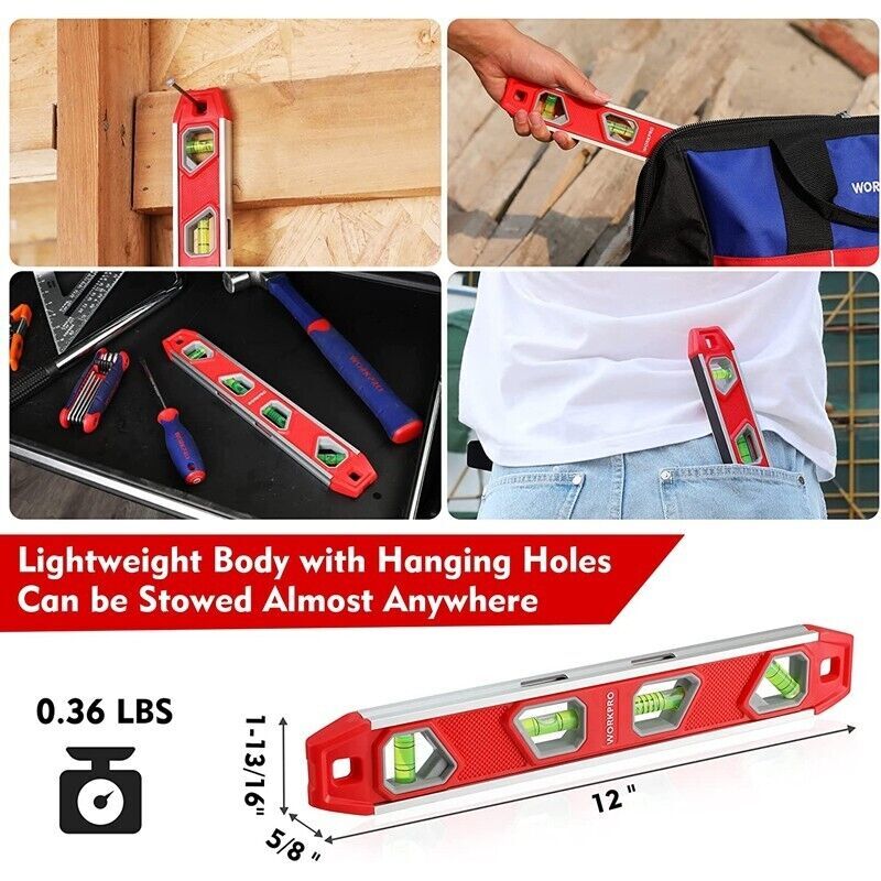 WORKPRO 12 Inch Torpedo Level 4 Bubble V-Groove Aluminum Magnetic Plumbing Level gallery