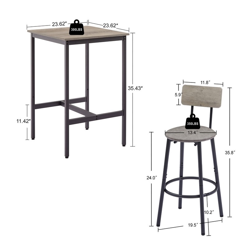 Bar Table Set with 2 Bar Stools PU Soft Seat with Backrest - Rustic Grey gallery
