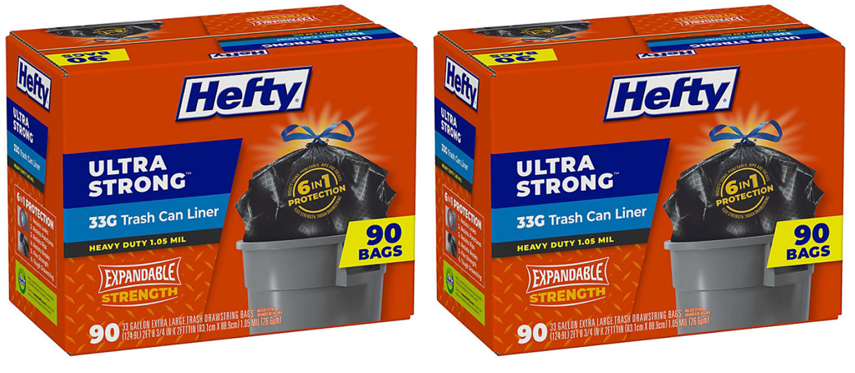 2 pack Hefty Ultra Strong Drawstring Trash Bags, Unscented 33 gal., 90 ct. gallery