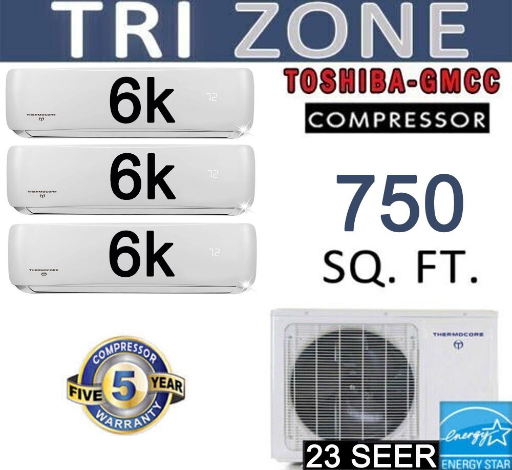 1.5 TON Tri Zone Ductless Mini Split Air Conditioner / Heater: 6000 x 3 BTU