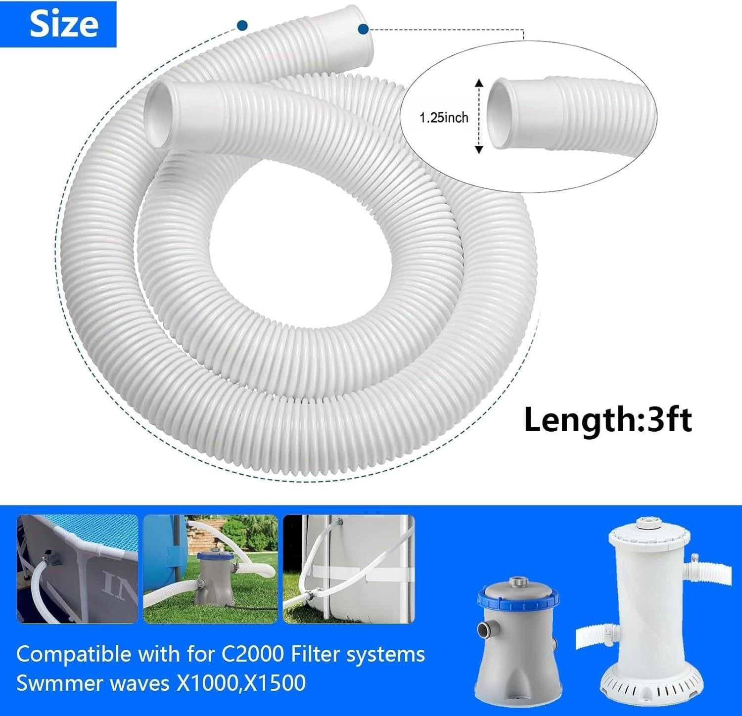 1-1/4 Inch X 3Ft Replacement Pool Hose for Summer Waves Pool Skimmer, Pool Pump, gallery
