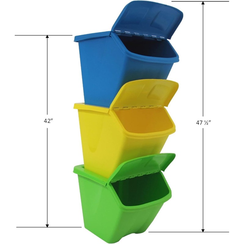 Redmon 10-Gal Stackable Shutter Bins, 3-Piece Recycling Storage Set, Multi-Color gallery