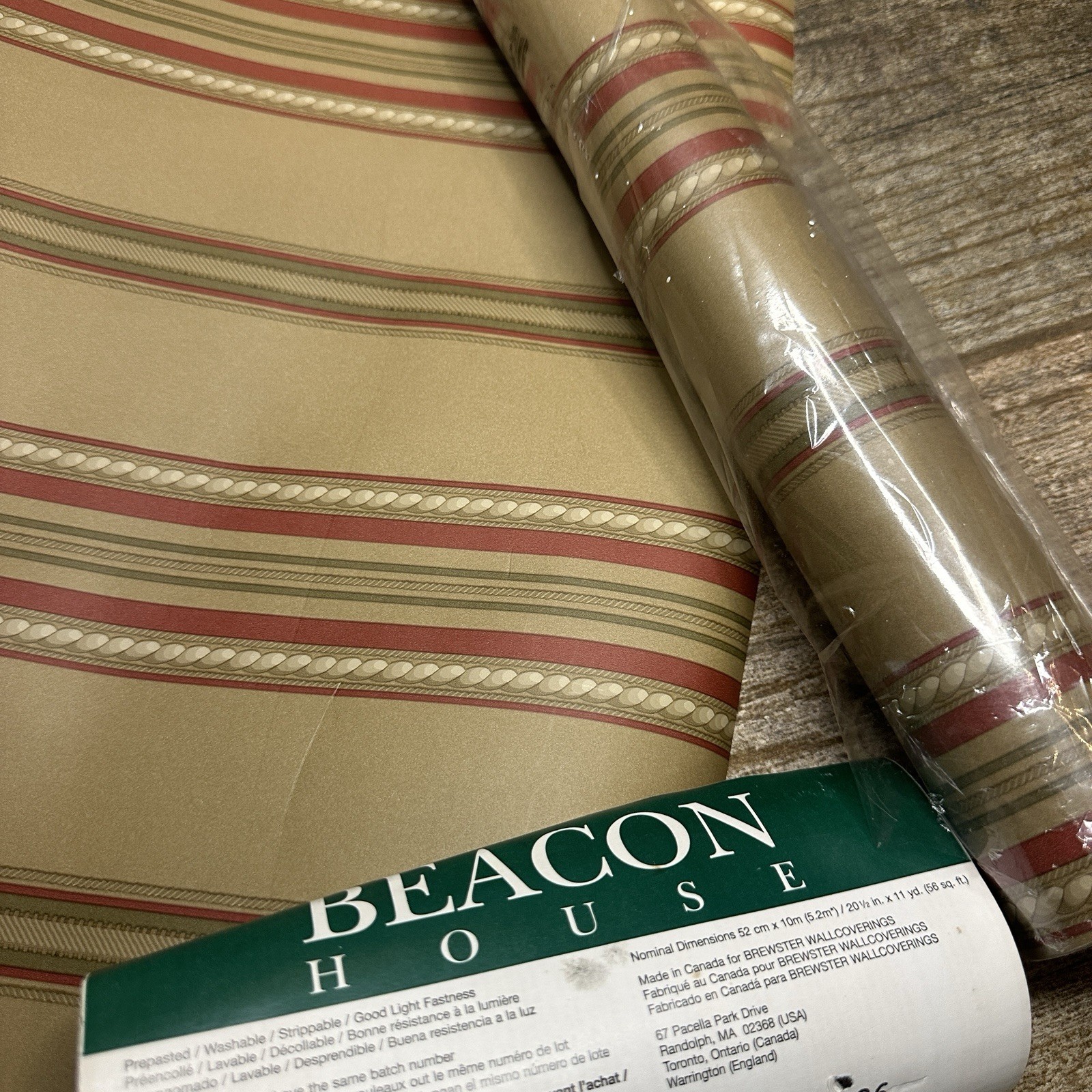 Vtg 90’s Beacon House Striped Prepasted Washable Wallpaper Tan Burgundy 2 Rolls gallery