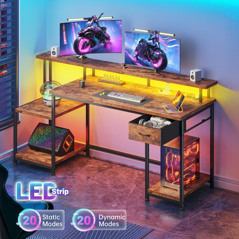 Home Office Study Table Work Computer Gaming Desk with Drawer & LED,Rustic Brown gallery