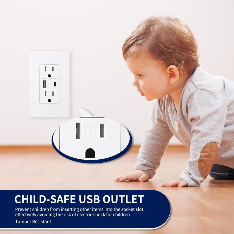 USB Wall Outlet with 20W Fast Charging, Type-C & Type-A Dual Ports USB Outlet... gallery