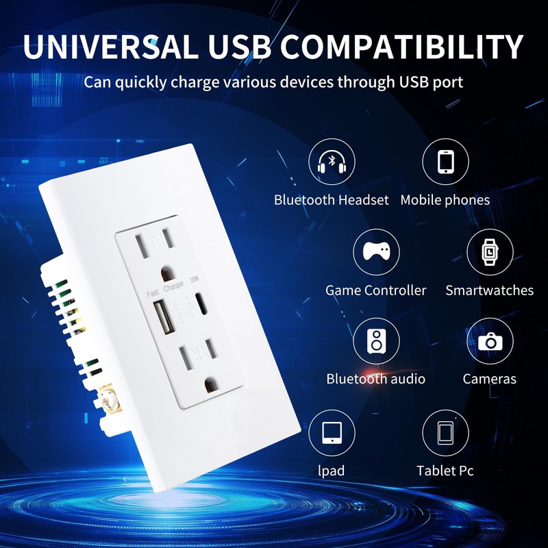 USB Wall Outlet with 20W Fast Charging, Type-C & Type-A Dual Ports USB Outlet... gallery