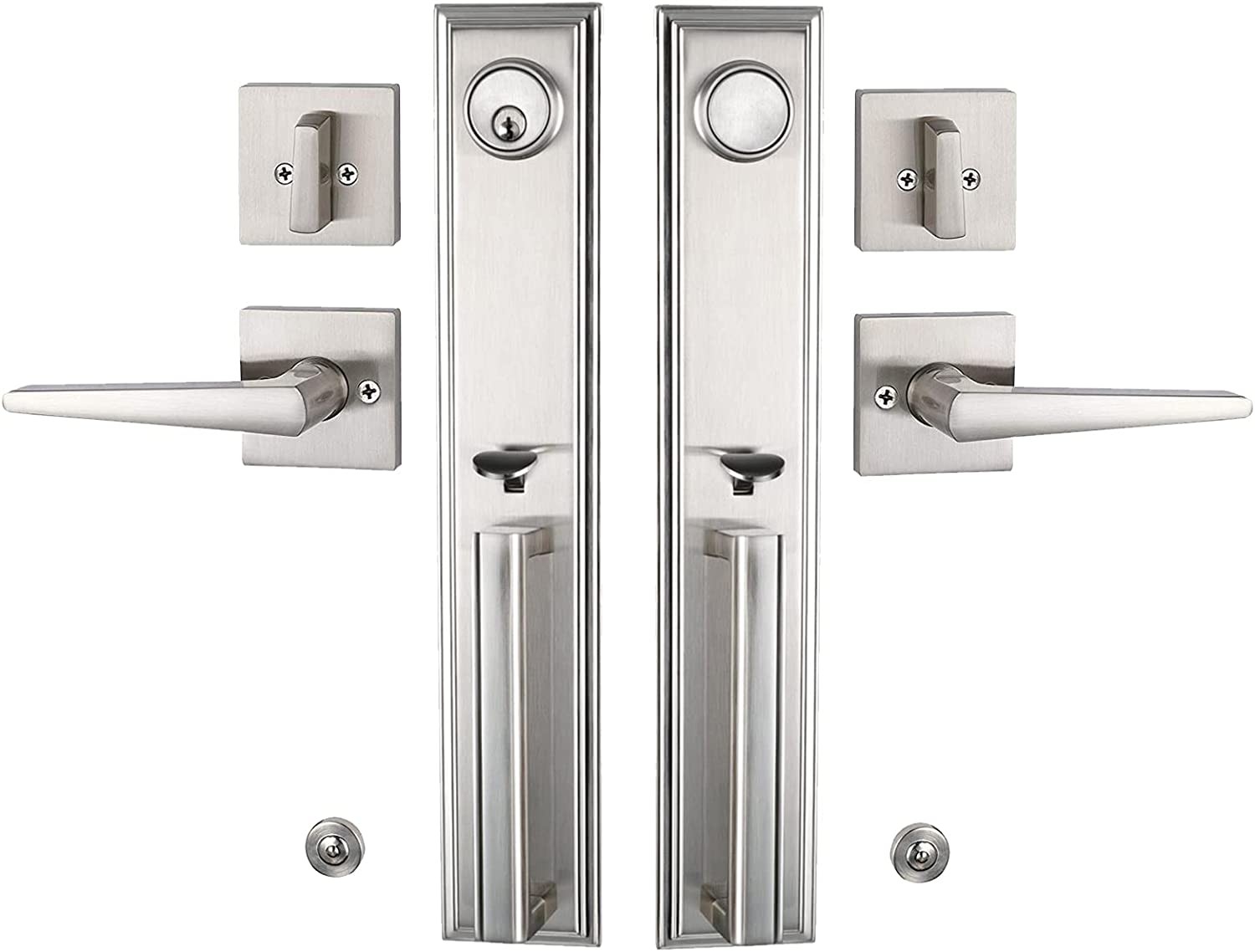 Front Door Handle Satin Nickel Double Door Lock Set, Entrance Handle Set gallery