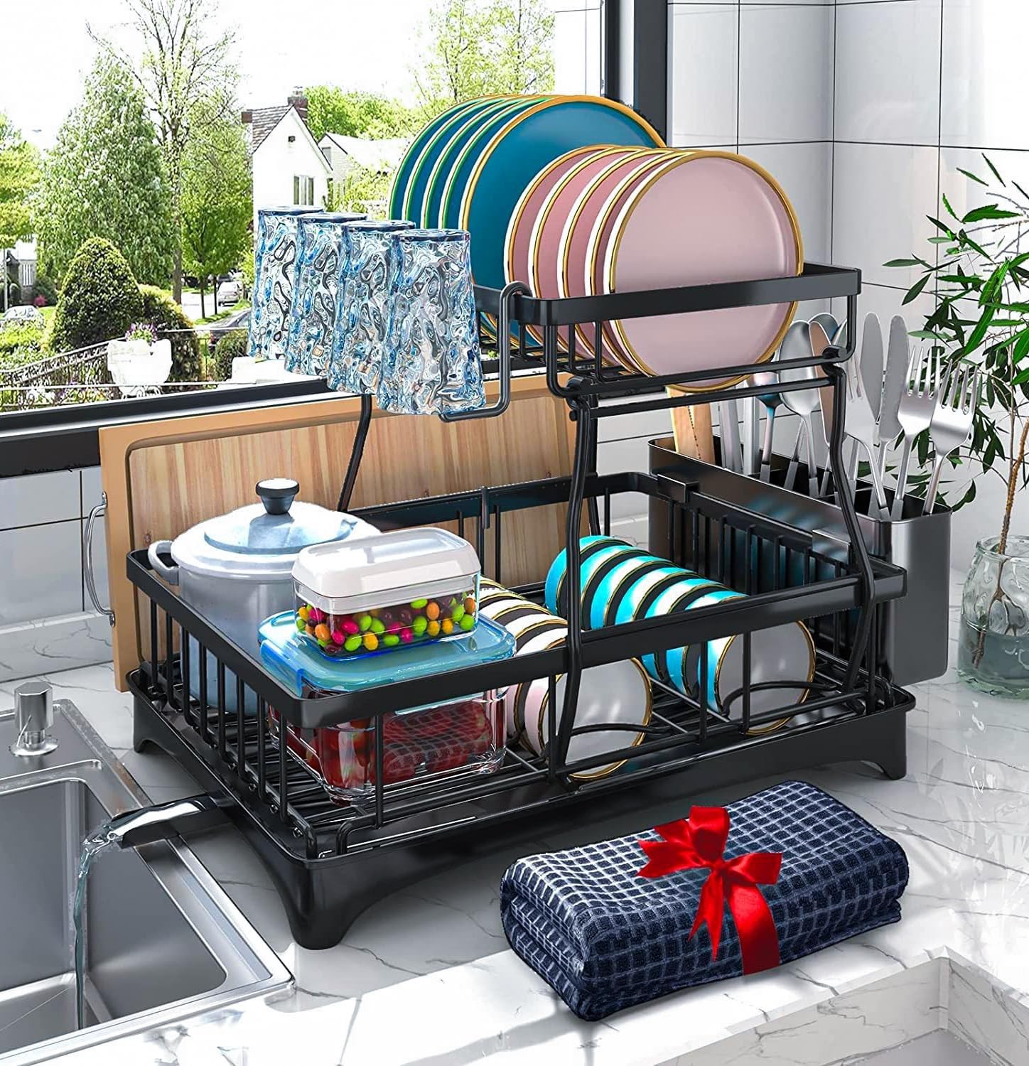 2-Tier Auto-Drain Dish Drying Rack with Mat, Knife Cup Holder, Rustproof Kitchen gallery
