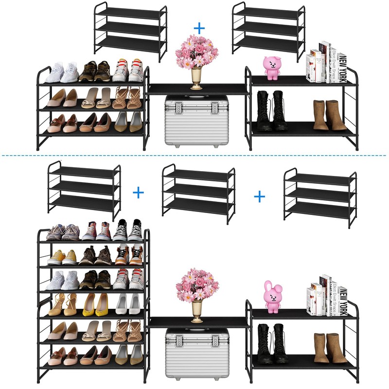Simple Trending 3 Tier Stackable Shoe Rack, Expandable 3 Tiers, Black, Black gallery