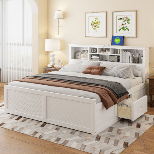 King Size Platform Bed with Storage Drawers Bookcase Headboard Wooden Bed Frames gallery
