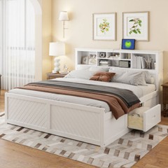 King Size Platform Bed with Storage Drawers Bookcase Headboard Wooden Bed Frames