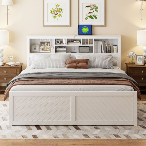 King Size Platform Bed with Storage Drawers Bookcase Headboard Wooden Bed Frames gallery