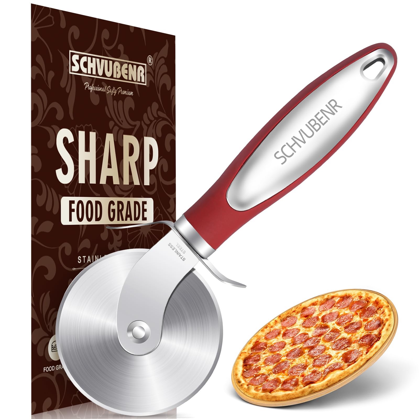 Stainless Steel Pizza Slicer with Non-Slip Soft Grip Handle,Easy to Clean- Red gallery