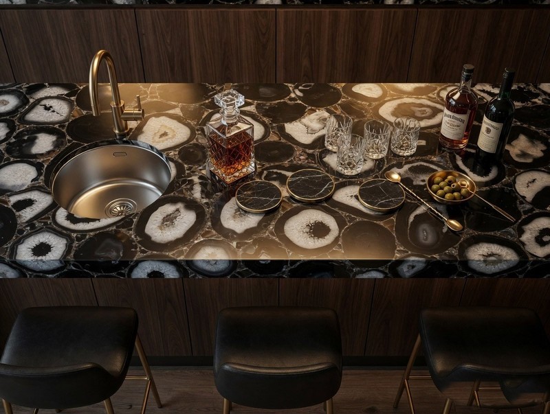 Black Agate Bar Countertop – Luxury Backlit Gemstone Slab, Polished Natural Deco gallery
