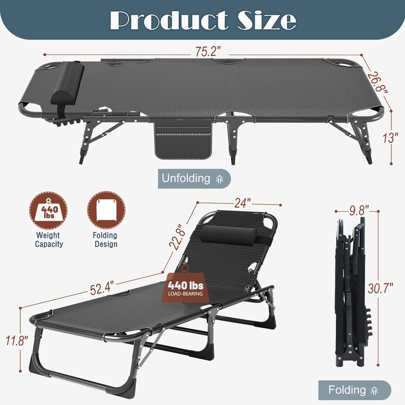 New 4 Level Adjustable Cot Rollaway Folding Bed Black Frame with Black Mattress gallery