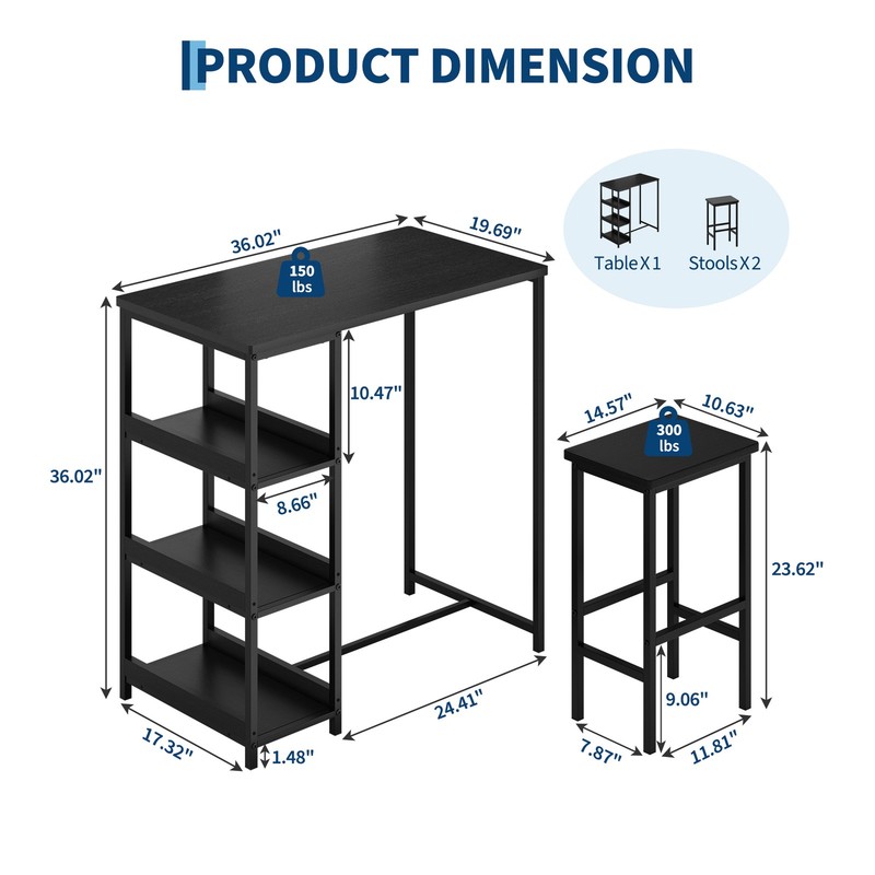 36" Dining Table Set for 2, Kitchen Table and 2 Bar Stools with Storage Shelves gallery