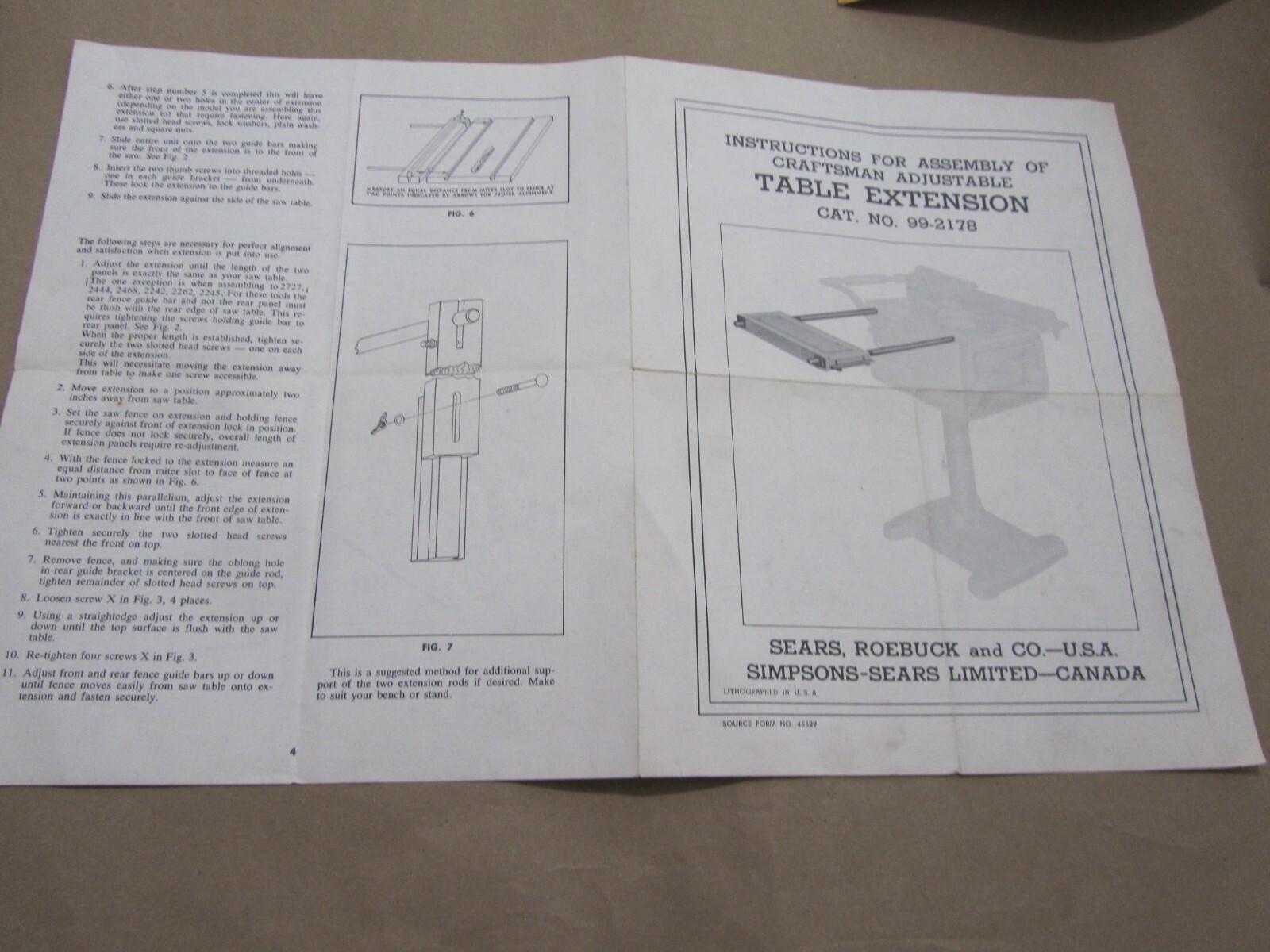 Assembly Instructions Craftsman Adjustable Table Saw Extension Cat. No. 99-2178 gallery