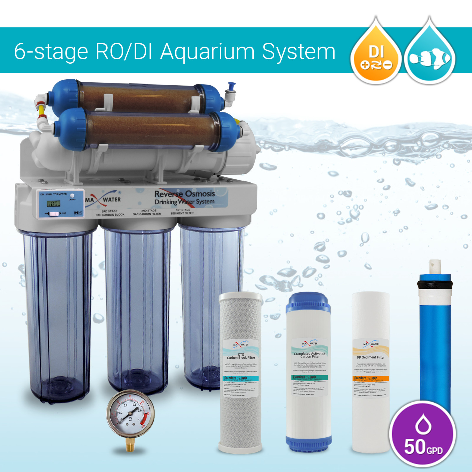 6 Stages 50 GPD Aquarium Reverse Osmosis System RO DI + HM Inline TDS Meter gallery