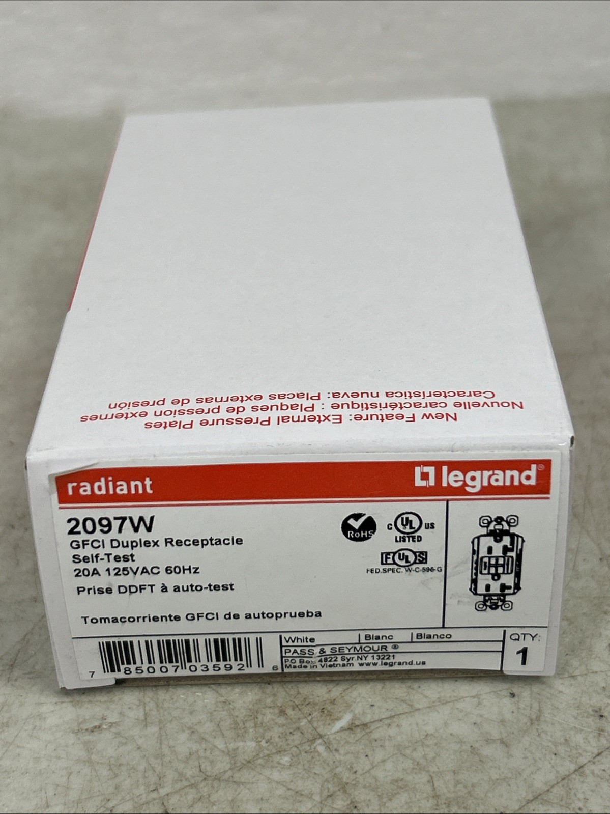 LEGRAND RADIANT GFCI Duplex Receptacle - 2097W, White Self Test -20A 125VAC 60Hz gallery