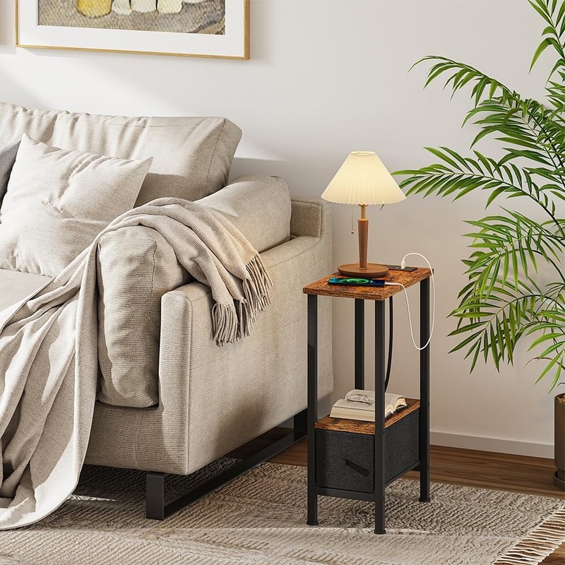 Rustic Brown Narrow Side Table Charging Station USB Ports Outlet 1 Drawer gallery